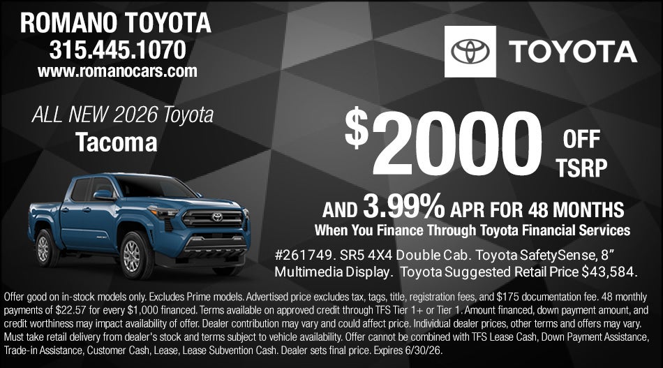 $2000 Off TSRP and Special APR on New 2026 Toyota Tacoma